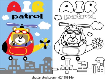 vector cartoon of helicopter with funny bear pilot, coloring book or page