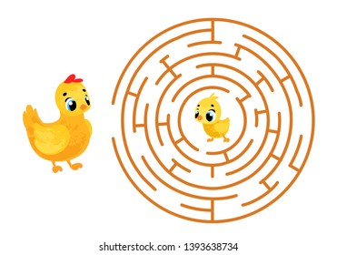 Vector cartoon hen and chick in children`s style. Vector illustration for children's books. Labyrinth. Educational game for children.