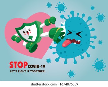 Vector cartoon hero character fighting with virus. COVID-19 Novel Coronavirus illustation.