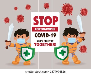 Caricatura vectorial que lucha con el virus. Ilustración del Coronavirus Novel COVID-19.