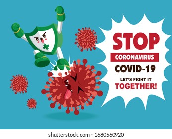 Vector cartoon hero character fighting with virus. COVID-19 Novel Coronavirus illustation.