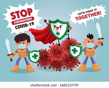 Vector cartoon hero character fighting with virus. COVID-19 Novel Coronavirus illustation.