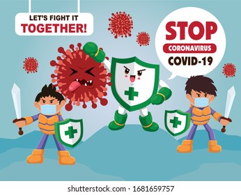 Caricatura vectorial que lucha con el virus. Ilustración del Coronavirus Novel COVID-19.
