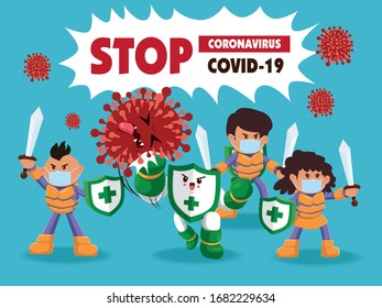 Vector cartoon hero character fighting with virus. COVID-19 Novel Coronavirus illustation.