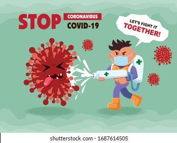 Vector cartoon hero character fighting with virus. COVID-19 Novel Coronavirus illustation.
