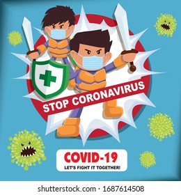 Vector cartoon hero character fighting with virus. COVID-19 Novel Coronavirus illustation.