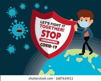 Vector cartoon hero character fighting with virus. COVID-19 Novel Coronavirus illustation.