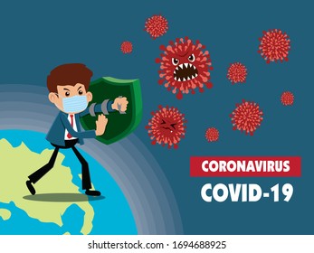 Vektorillustration Cartoon Helden Charakter Kampf mit dem Virus. COVID-19 Novel Coronavirus Illustration.