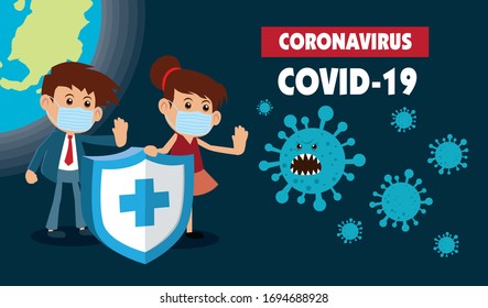Vector cartoon hero character fighting with virus. COVID-19 Novel Coronavirus illustration.