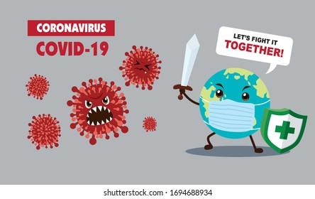 Vector cartoon hero character fighting with virus. COVID-19 Novel Coronavirus illustration.