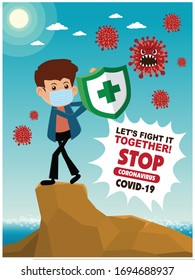 Vector cartoon hero character fighting with virus. COVID-19 Novel Coronavirus illustration.