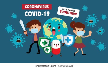 Caricatura vectorial que lucha con el virus. Ilustración del Coronavirus Novel COVID-19.