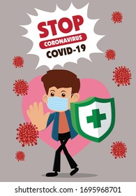 Vector cartoon hero character fighting with virus. COVID-19 Novel Coronavirus illustation.