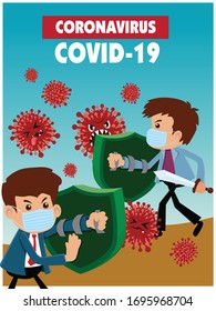Vektorillustration Cartoon Helden Charakter Kampf mit dem Virus. COVID-19 Novel-Coronavirus-Erkrankung.