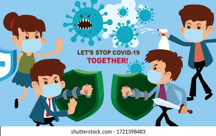Vector cartoon hero character fighting with virus. COVID-19 Novel Coronavirus illustation.