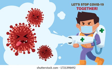 Vector cartoon hero character fighting with virus. COVID-19 Novel Coronavirus illustation.