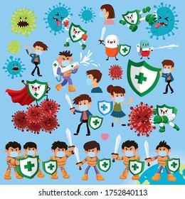 Vector cartoon hero character fighting with virus. COVID-19 Coronavirus illustation set.