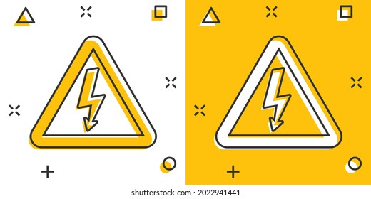 Icono de peligro de alta tensión de dibujos animados al estilo cómico. Pictograma de la ilustración de la señal de la electricidad en peligro. Concepto de efecto de salpicadura comercial de alta tensión.