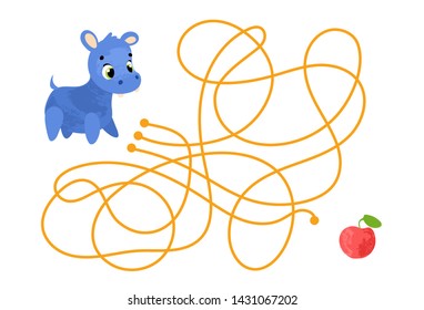 Vector cartoon hippo and apple in children's style. Vector illustrations for children books. Labyrinth. Educational game for children. 