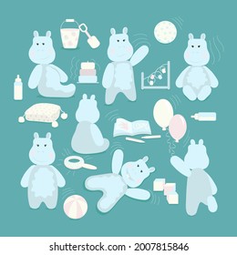 Vector cartoon  hippo baby with playthings. Set elements for the design of children's things.