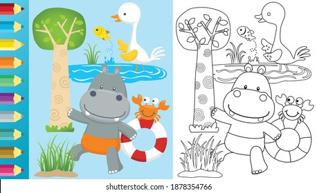 Vector cartoon of hippo carrying buoy with crab, bird crane hunt a fish, coloring book or page