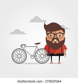 Vector Cartoon Hipster and the Bicycle