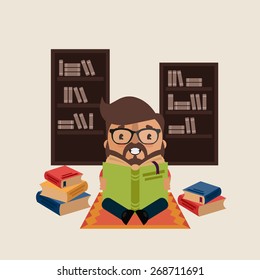 Vector Cartoon Hipster with a Lot of Books