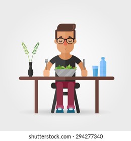 Vector Cartoon Hipster Eating Salad