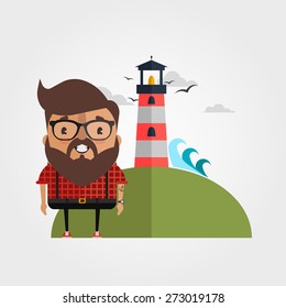 Vector Cartoon Hipster and the Lighthouse