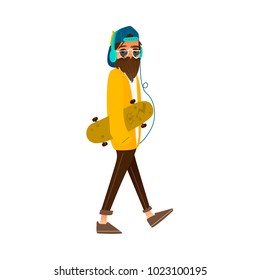 Vector cartoon hipster man with beard, glasses cap, headphones holding skateboard abstract print. Male handsome character portrait fashion style haircut mustache. Isolated background illustration