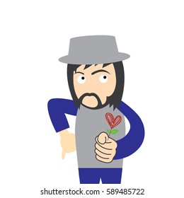 vector cartoon hipster man with red heart flower  