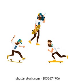 Vector cartoon hipster man skateboarding set. Bearded characters jumping olly in glasses cap, headphones. Male handsome portraits fashion style haircut mustache. Isolated background illustration