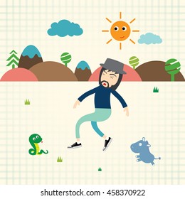 vector cartoon hipster man  in wild  