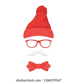 Vector cartoon hipster style red hat, glasses and white mustache face element or carnival mask. New year and Christmas decoration item for your selfie photo and video chat filter. 