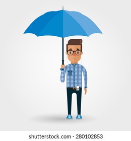 Vector Cartoon Hipster with Umbrella