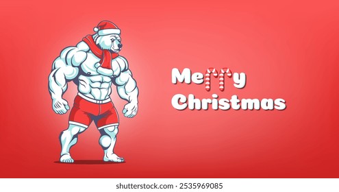 Vector cartoon holiday huge angry brutal muscular strong polar bear bodybuilder in red scarf, shorts and Santa Claus hat. Merry Christmas and Happy New Year.