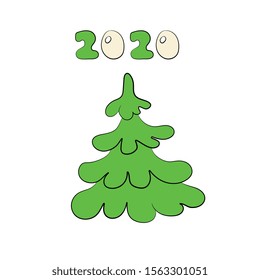 Vector cartoon holiday illustration with color 2020 numbers and Christmas tree.