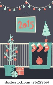 Vector cartoon holiday illustration with fireplace, new year tree and presents under it. Christmas greeting card or invitation design