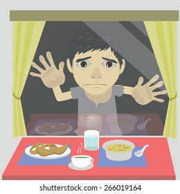 Vector cartoon homeless, the hungry stands outside and the food look good enough to eat.