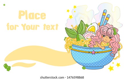 Vector cartoon horizontal banner with kawaii ramen illustration and place for Your text. Cute plate with yummy ramen set and funny mermaid girl. Perfect for flyers, backgrounds, labels, menu cards