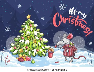 Vector cartoon horizontal illustration postcard Merry Christmas of a funny mouse, Christmass tree in the snow. Bright image to create original video or web games, graphic design, screen savers.