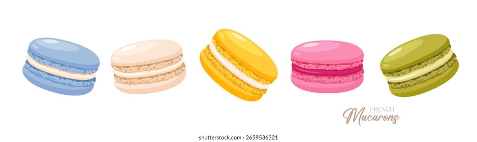 Vector cartoon horizontal poster with colorful French macarons different colors isolated on white backround.	