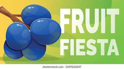 Vector cartoon horizontal summer banner. A bunch of ripe bright dark blue grape berries, text Fruit Fiesta.