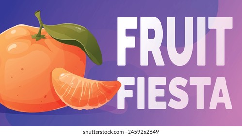 Vector cartoon horizontal summer banner. Ripe bright citrus whole tangerine and a slice, text Fruit Fiesta.