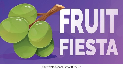 Vector cartoon horizontal summer banner. A bunch of ripe bright green grape berries, text Fruit Fiesta.