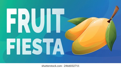 Vector cartoon horizontal summer banner. Two bright yellow mango, text Fruit Fiesta.