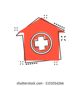 Vector cartoon hospital building icon in comic style. Infirmary medical clinic sign illustration pictogram. Health business splash effect concept.