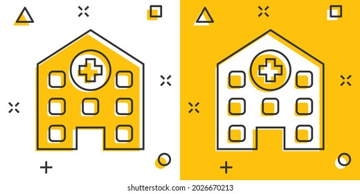 Vector cartoon hospital building icon in comic style. Infirmary medical clinic sign illustration pictogram. Health business splash effect concept.