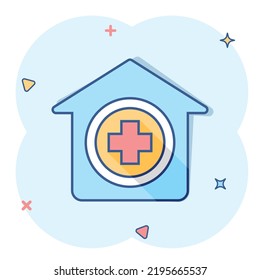 Vector cartoon hospital building icon in comic style. Infirmary medical clinic sign illustration pictogram. Health business splash effect concept.