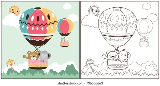 vector cartoon of hot air balloons with cute animals, coloring book or page